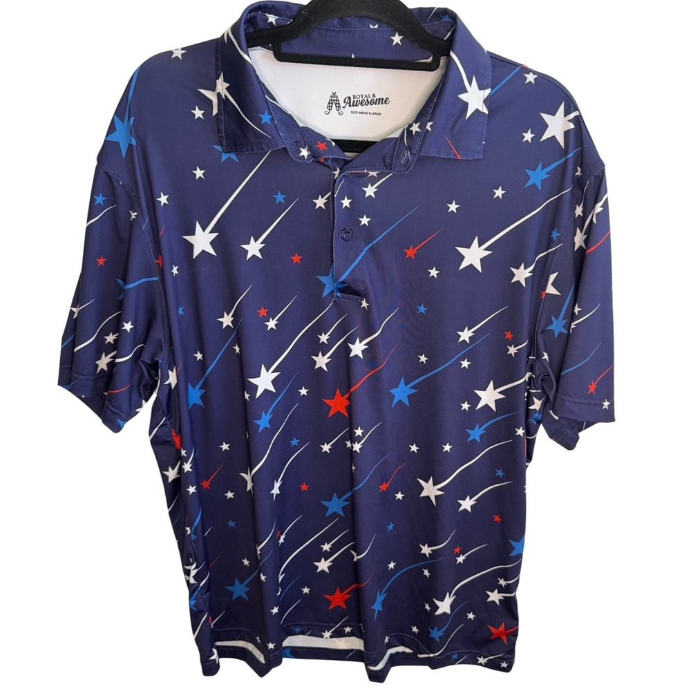 Royal & Awesome Men's XL Golf Polo Shirt Navy Blue Shooting Stars Patriotic